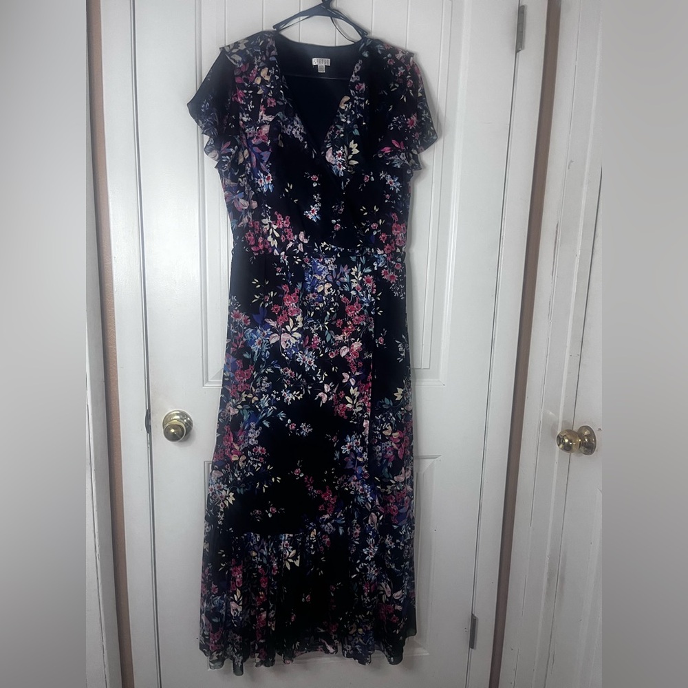 Floral V-Neck Maxi Dress in Black with Pink & Blue Accents